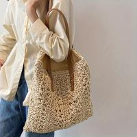 Bolso de Paja Boho Chic Gran Capacidad, Bolso de Playa de Verano con Cierre de Cremallera, Linería de Poliéster, Khaki/Ivory - details 0