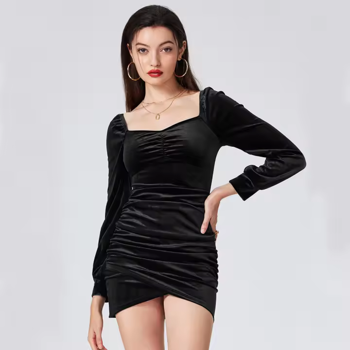 Mujer de cuello cuadrado temperamento vestido de moda de manga larga burbuja vestido de fiesta de terciopelo de manga larga a - 1