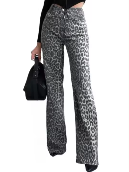 Jeans de Moda para Mujer Estilo Coreano 2025 Pantalones Rectos con Estampado de Leopardo - 1