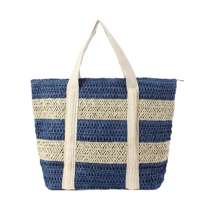 Bolsos de hombro de paja a rayas grandes para viajes de playa, bolso de mano tejido a mano, informal para vacaciones - 1