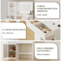 Tocador de Maquillaje Moderno con Espejo Grande y Luces LED Brillo Ajustable, 3 Estante Abiertos, 2 Cajones y Armario Lateral Ideal para Dormitorio Blanco - details 5