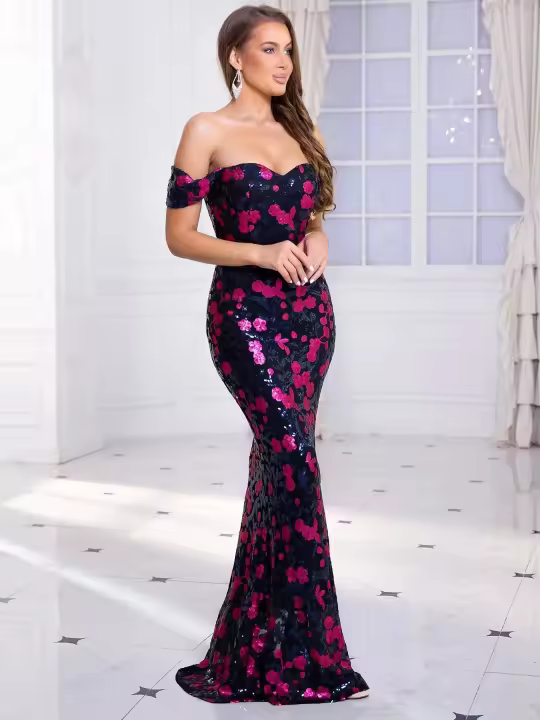 Vestido de Fiesta con Lentejuelas Elásticas Hombros Descubiertos, Cuello en Escala, Sin Correas, Vestido de Noche para Mujeres - 1