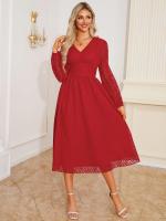 Vestido largo de manga larga con cuello en V para mujer, vestido elegante de corte en A, Color liso Vintage, estético, nuevo en oferta - details 10