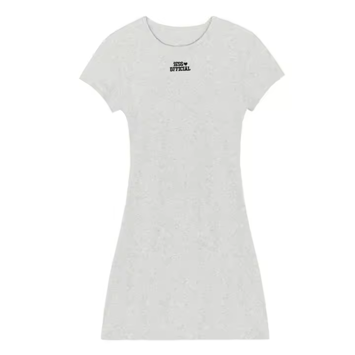 Elegante Vestido de Algodón Puro con Bordado de Letras Chic de Verano Cuello Redondo Delgado, Manga Corta Versátil, Color Sólido, Moda para Mujeres - 1