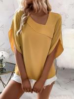 Blusa holgada de talla grande para mujer, color amarillo liso, camisa informal de media manga con cuello cuadrado y estilo de gran tamaño, aspecto veraniego - details 3