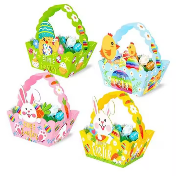 Cestas de papel de Pascua con dibujos animados, prácticas, conejito/pollito con asa, caja de regalo de Pascua, caja de dulces de Chocolate DIY, 4 Uds. - 1