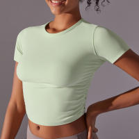 Hamidou-camisetas deportivas ajustadas de manga corta para mujer, Tops atléticos de color sólido para entrenamiento, gimnasio, correr, ropa deportiva - details 26
