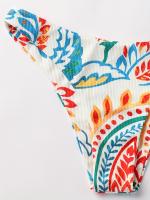 Traje De Baño Con Lazo En La Espalda Y Tirantes Finos Con Estampado De Plantas, Bikini De 2 Piezas De Punto Acanalado Colorido - details 4