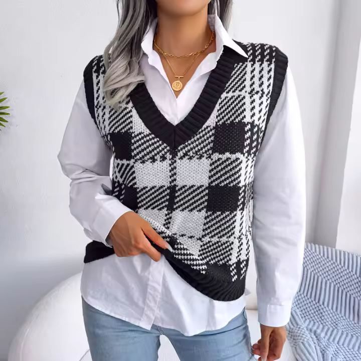 Suéter sin mangas de punto para mujer, chaleco a cuadros, nuevo estilo bonito, otoño e invierno, 2023 - 1
