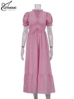 Vestidos elegantes de algodón blanco para mujer, ropa de manga corta con cuello en V y cordones, holgada hasta el tobillo, verano - details 5