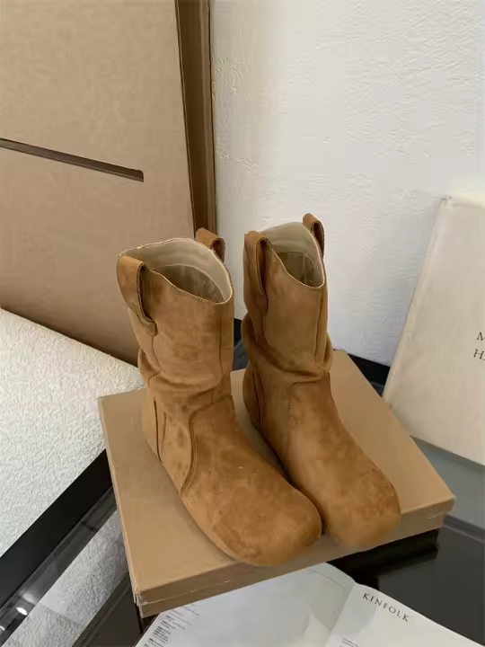 Botas de pila de fondo plano vintage Botas occidentales ajustadas Manga de cabeza redonda - 1