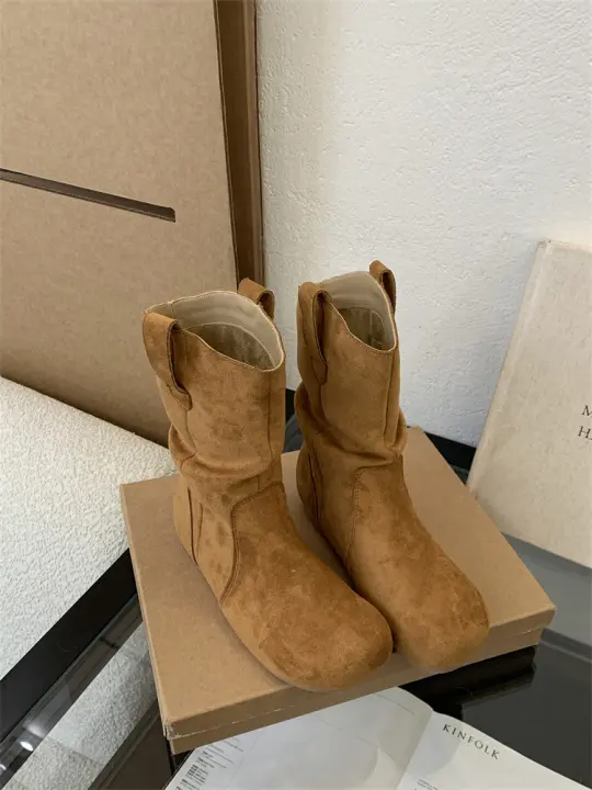 Botas de pila de fondo plano vintage Botas occidentales ajustadas Manga de cabeza redonda - 1