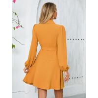 Vestido corto elegante para mujer con cuello en V manga larga de color sólido - details 11