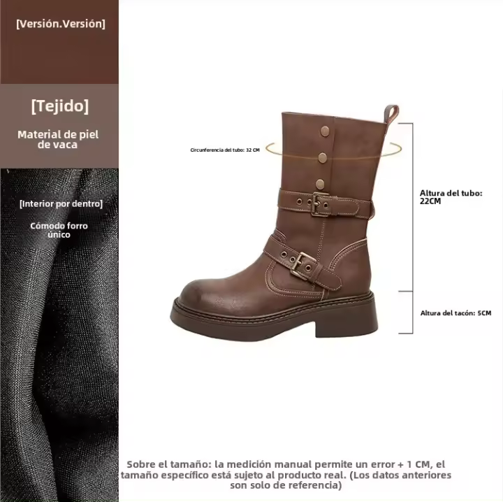 Doble y usa dos botas medianas de suela gruesa marrón elásticas y delgadas, botas de caballero para mujer y botas cortas. - 1