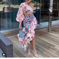 2025 Verano Nueva Mujer, Moda Vestido Largo, Pecho Asimétrico Manga Sola Cintura Floral Empalme Medio Vestidos ajustados - details 3