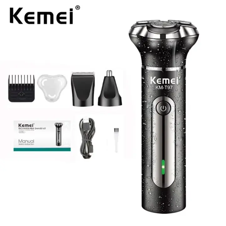 Kemei-Afeitadora eléctrica 3D para hombre, maquinilla de afeitar rotativa lavable en seco y húmedo, multifunción, recortadora de pelo para nariz, oreja y barba, regalos impermeables - 1