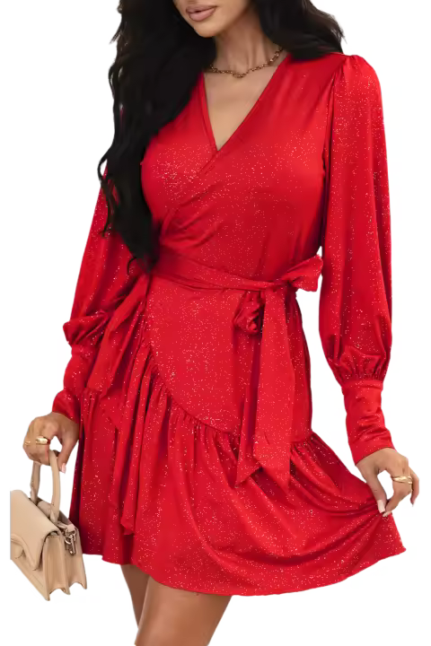 Elrachen Mini vestido de mujer con dobladillo con volantes y mangas obispo, rojo, tallas S-XL - 1