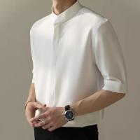 Camisa de manga corta de seda helada con cuello levantado para hombre nueva, ligera, informal, ajustada, silueta, verano - details 4