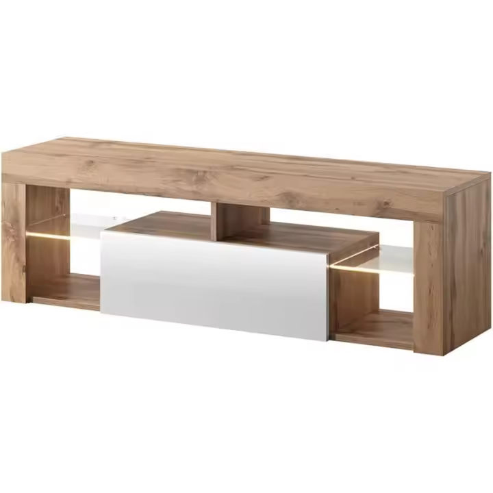 Mueble TV Moderno/Mesa TV/Mueble para Salón / 140 cm (con LED, Roble Dorado/Negro Brillante) - 1