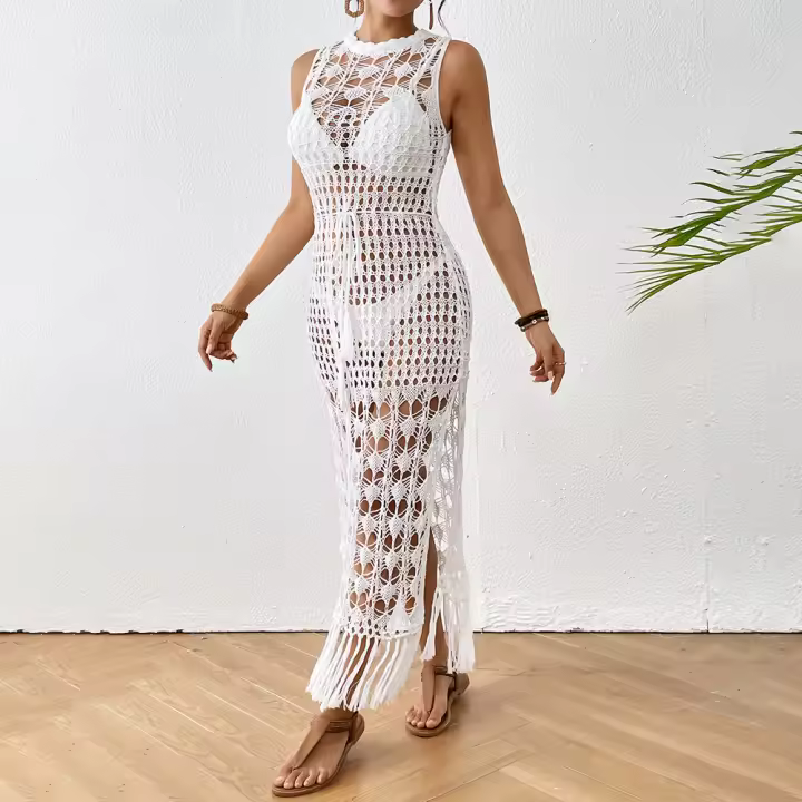 Vestido de Playa de Crochet para Mujer: Cubrebikini Largo Maxi con Espalda Abierta, Flecos y Tejido Abierto - Protección Solar Verano - 1