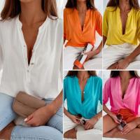 Verano Color Sólido, Cuello En V Levantado, Mangas Cortas, Botones, Camisa Casual, Blusa De Media Alfombra para Mujer Con Corte 3D - details 14