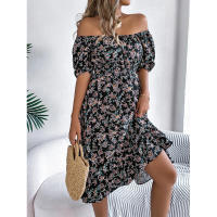 Primavera Verano 2025 Europeo y Americano Floral Cuello Cuadrado Manga Corta Cintura con Volantes Falda Línea A - details 35