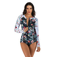Traje de baño de una pieza con estampado floral de manga larga, traje de buceo con cierre frontal con cremallera y cuello alto - details 0
