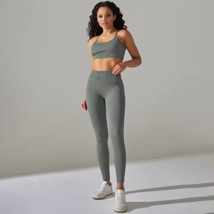 Conjunto de dos piezas para mujer, leggings de gimnasio de cintura alta, top corto, tres tops de Fiess, ropa deportiva con lavado ácido - 1
