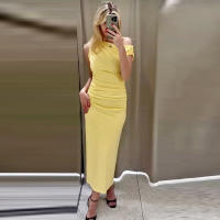 Vestido Amarillo TRAF Para Mujer Elegante Midi Asimétrico Sin Mangas Vestido De Verano 2025 Con Volantes Y Cintura Natural - details 5