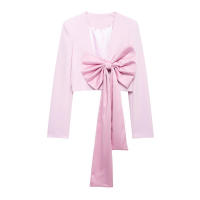 OUWU- Otoño Nuevo Estilo Europeo Y Americano Diseño Sentido Moda Ajustado Corto Seda Satén Textura Arco Traje Chaqueta - details 0