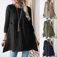 Tops sueltos de manga corta con cuello redondo para mujer, bolsillo de algodón y lino, nuevo - details 10