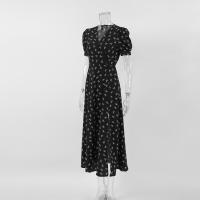 Vestido largo de estilo francés con estampado floral, pequeño, negro, otoño, nuevo, manga corta, cintura con abertura, corte en A - details 16