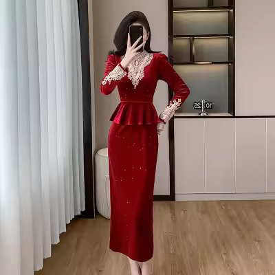 Vestido de noche de terciopelo ligero de lujo para mujer, estilo francés, para otoño e invierno, nuevo vestido de noche de alta gama con temperamento y corte ajustado, de un solo paso - 1