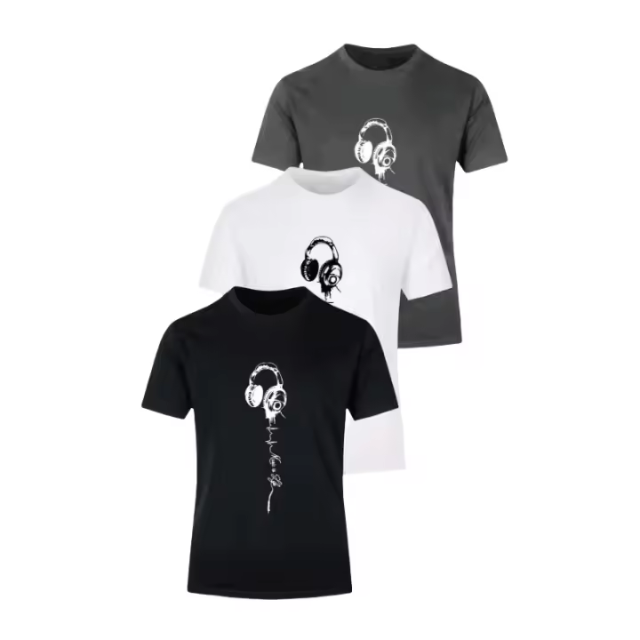Paquete de 3 camisetas deportivas informales para hombre - Camisetas de punto de poliéster transpirable con cuello redondo y diseño de auriculares geométricos - Ajuste regular, tejido elástico, 180 g/m² - Tops cómodos para todas las estaciones - 1