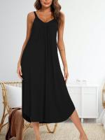 Vestido de tirantes de cuello V sin mangas para mujeres cómoda ropa fresca para el hogar, falda de dormir suelta - details 3