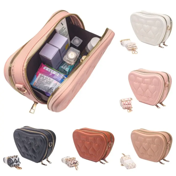 Bolsas de almacenamiento de cosméticos de gran capacidad, bolso de hombro impermeable de cuero PU con forma de corazón, portátil con correa, bolsas de lavado para mujer - 1