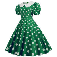 Vestido midi elegante de fiesta con cuello Peter Pan, lunares y mangas cortas abullonadas para mujer, ideal para el verano. - details 52