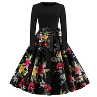 Women dot print party elegant vintage swing long sleeve dress - details 25