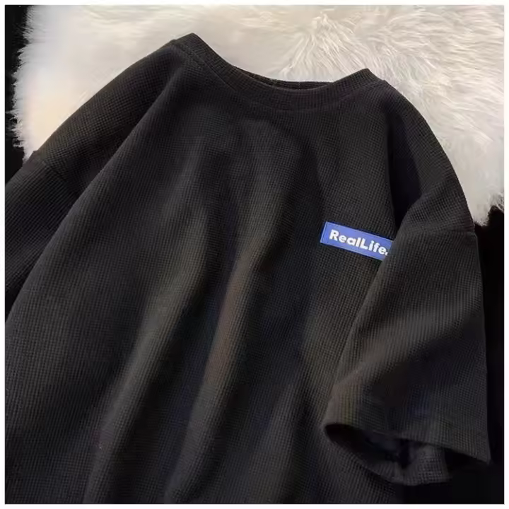 Camiseta de Manga Corta de Waffle Moda de Verano para Hombres Ropa Suelta con Estampado - 1