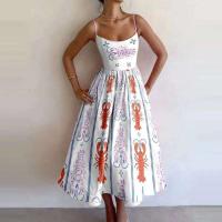 Novedad de verano, estampado de peces y camarones de moda para mujer, cuello en U, cintura plisada con tirantes grandes, vestido largo sexy - details 2