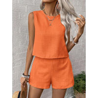 Conjunto casual de dos piezas para mujer, camiseta sin mangas de lino y algodón sólido de color y pantalones cortos. - details 2