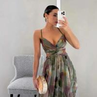 Vestido largo sexi con cuello en V para mujer, ropa de fiesta calada, ropa de verano con estampado a la moda, sin mangas - details 1