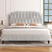 Tapizado en terciopelo Cama de matrimonio con cabecera ajustable en altura Marco de cama Soporte con listones de madera 160 × 200 cm Beige - details 2