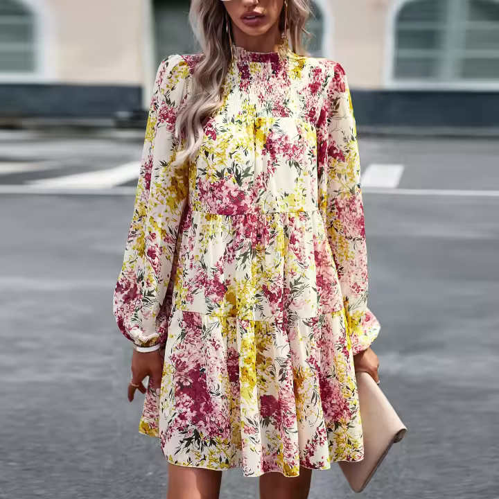 Vestido estampado elegante manga larga falda corta - 1