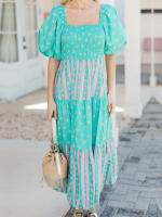 Vestido bohemio de mujer con manga abullonada, cuello cuadrado, estampado floral, vestido largo y fluido - details 8