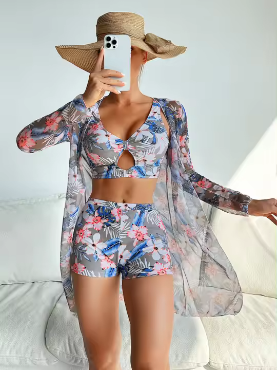 Conjunto de bikini push-up para mujer, traje de baño de 3 piezas con estampado de moda, cintura alta, 2025 - 1