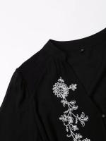 Vestido casual de otoño negro con botones frontales vintage para mujer, cinturón, bordado floral, manga corta/larga y cuello en V. - details 3