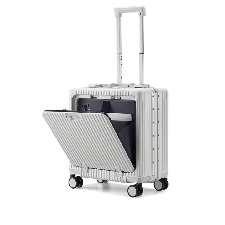 Equipaje de mano de aluminio de 18 pulgadas aprobado por aerolíneas con ruedas giratorias y bolsillo frontal para computadora portátil - 1