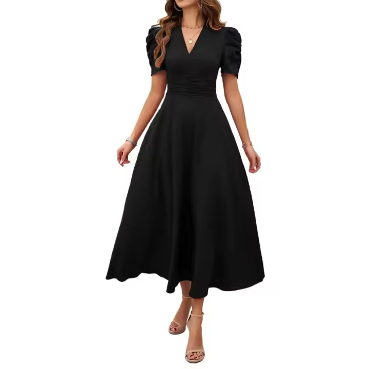 Vestido Largo de Verano 2025 - Elegante Vestido Tea con Escote en V y Manga Mariposa, Talle Alto Ajustable, Tejido Ligero para Vacaciones y Playa, Moda Femenina Miravia - 1