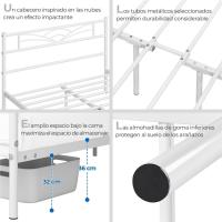Cama Individual con Espacio Bajo Marco Metal Altura 32 cm Cama Individual con Cabecera para Colchón de 90 x 190 cm Blanco - details 22